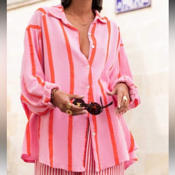 Women’s Pink + Red Striped button up collared blouse | Size Medium | NEW - Picture 4 of 6